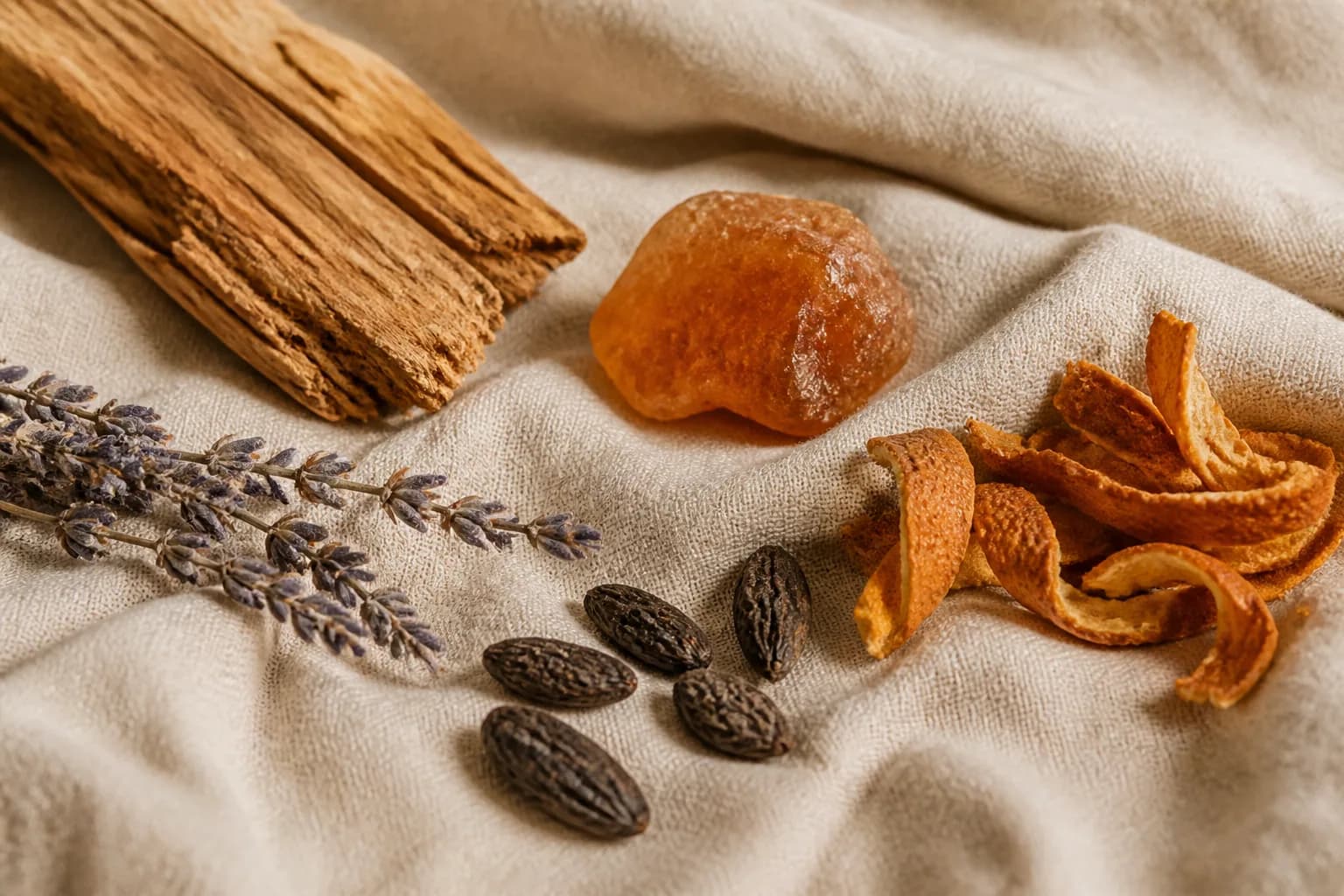 Matières premières posées sur un lin naturel froissé.