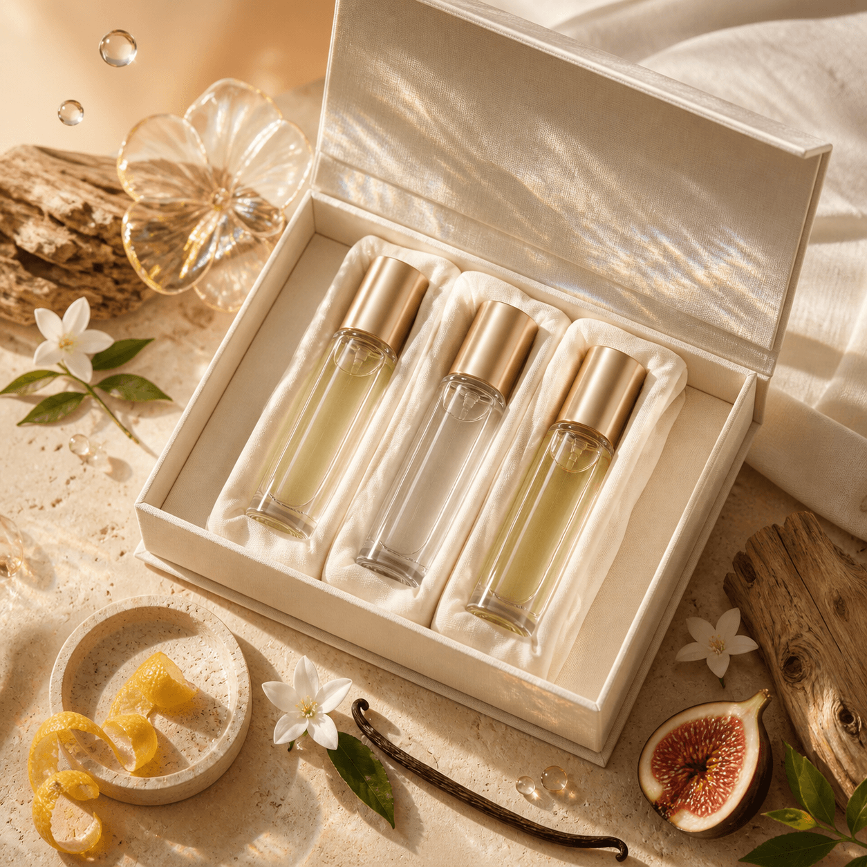Coffret ouvert contenant trois flacons de parfum de 33 ml.