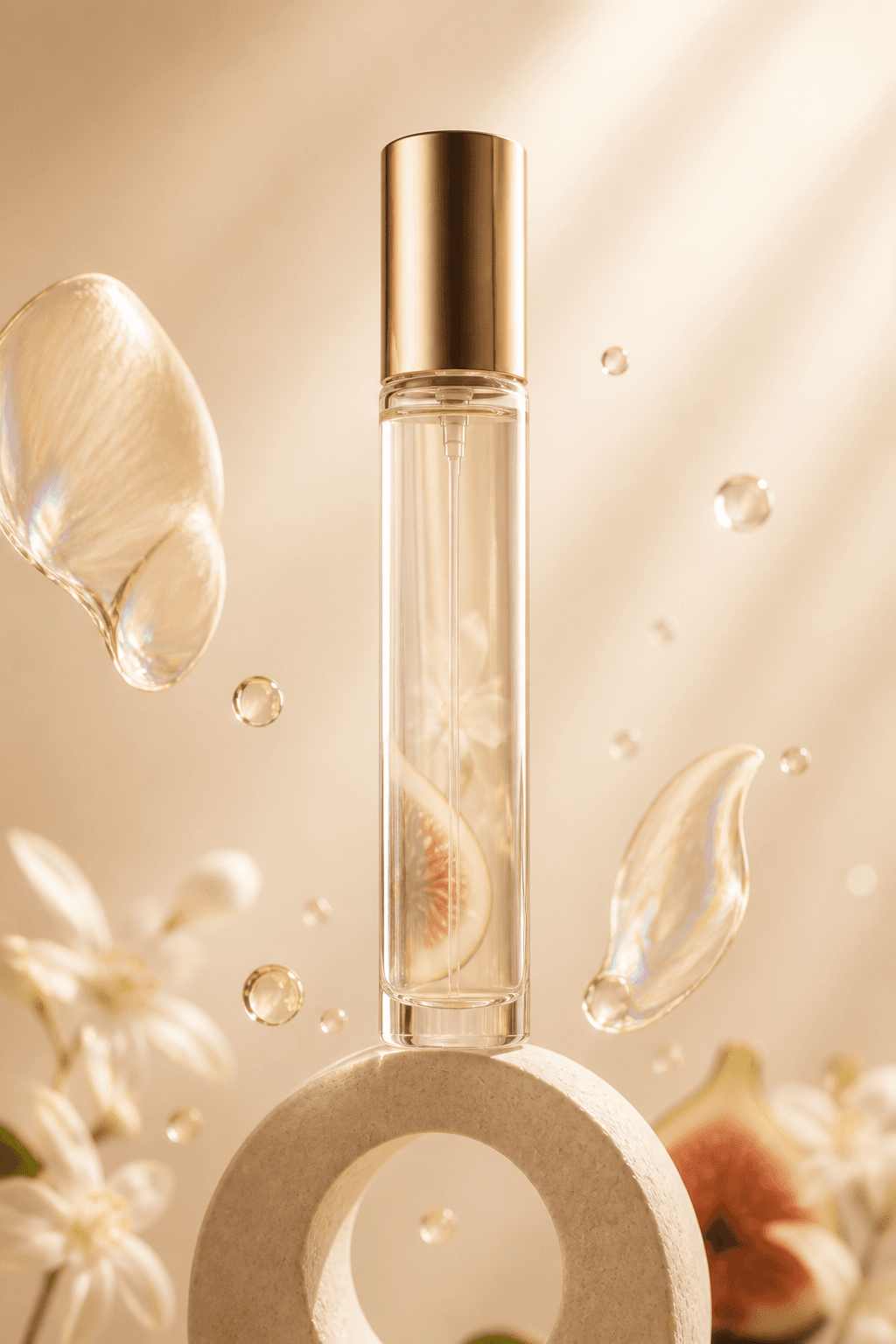 Flacon de parfum de 33 ml posé sur un socle minéral.