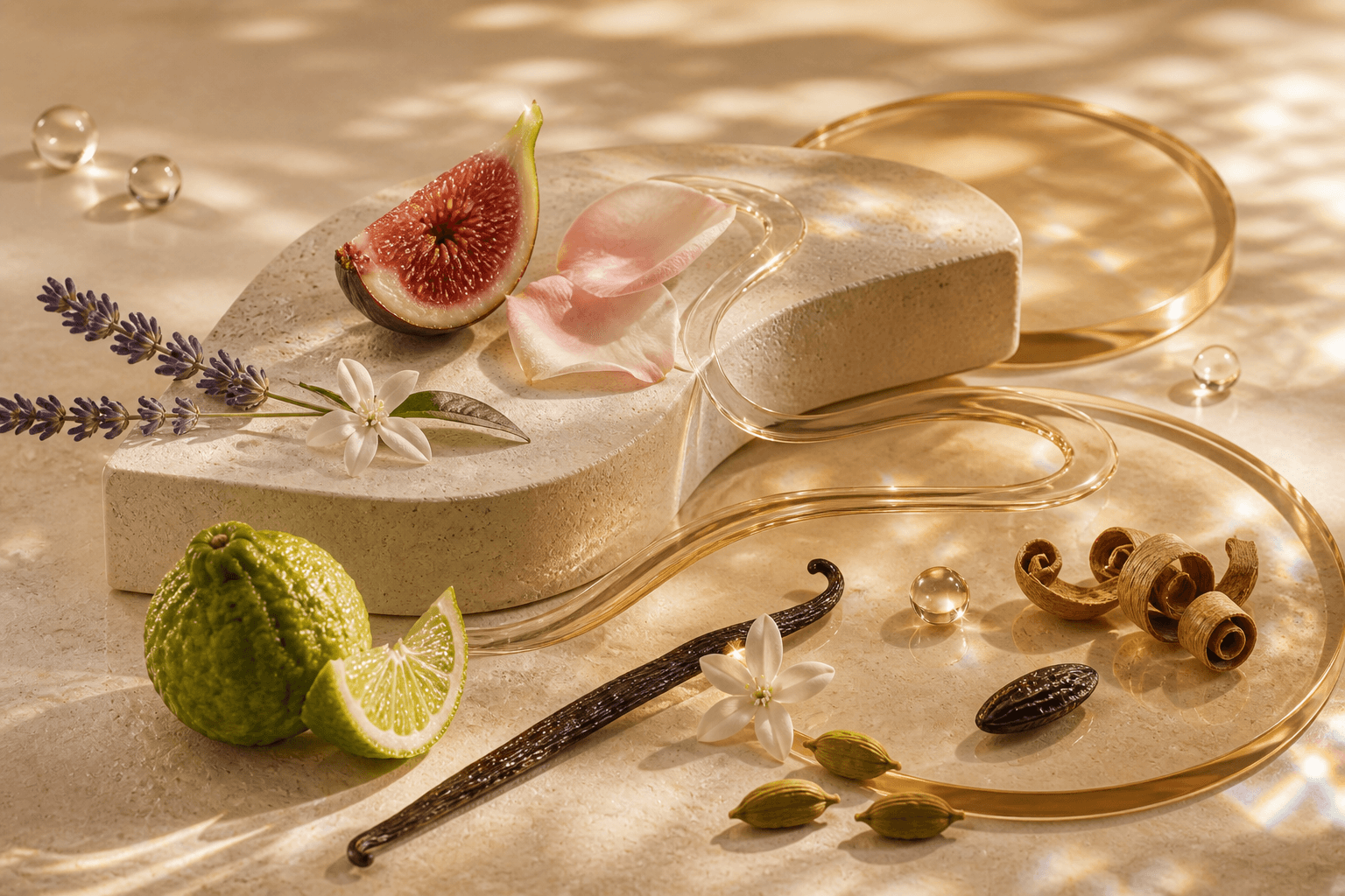 Figue, agrume, lavande, fleurs blanches, vanille et bois parfumé.